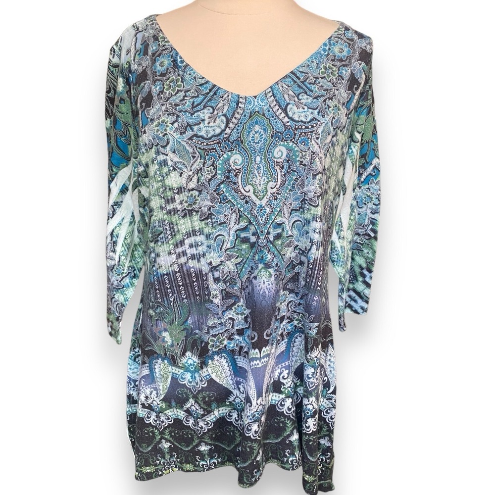 World Unity XXL 2XL Top Shirt Tunic Blue V-Neck 3/4‎ Sleeve Beaded Stretch